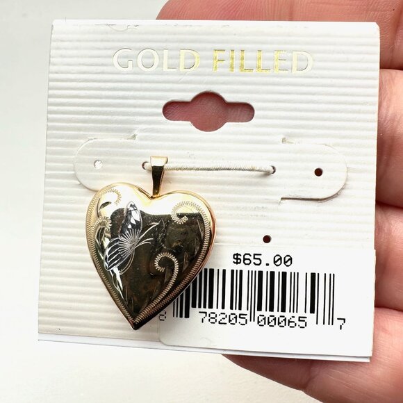 Vintage Gold Filled Heart Picture Locket Butterfly New Old Stock Original Tag - Picture 4 of 4